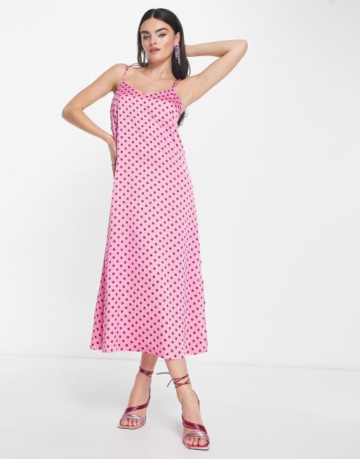 Mango cami slip midi dress in pink polka dot 