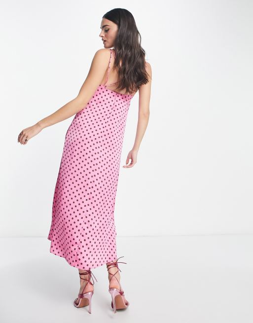 Mango cami slip midi dress in pink polka dot 