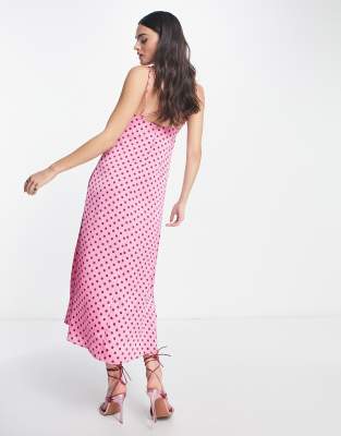 Mango cami slip midi dress in pink polka dot 