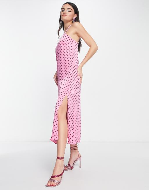 Mango cami slip midi dress in pink polka dot 