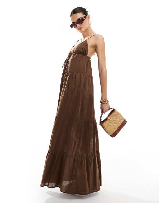 Mango cami tiered maxi dress in dark brown, 4 of 4
