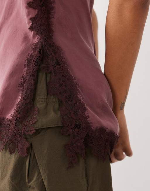 Mango cami-top med firkantet hals og blondekant i maroon, 4 af 4