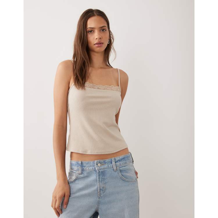 Mango cami top with lace trim in beige | ASOS