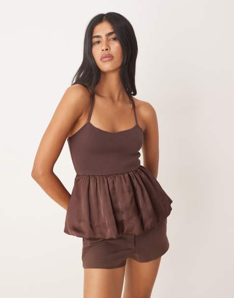 Mango cami top with peplum hem in brown - view 1