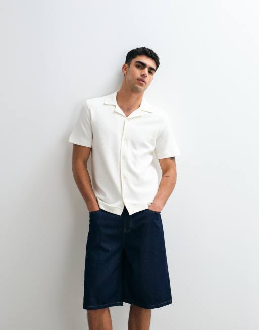 Mango - Camicia a maniche corte écru testurizzata a nido d'ape in coordinato