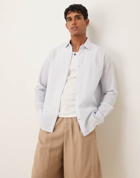 Mango - Camicia a maniche corte in seersucker di cotone azzurra a righe - view 1
