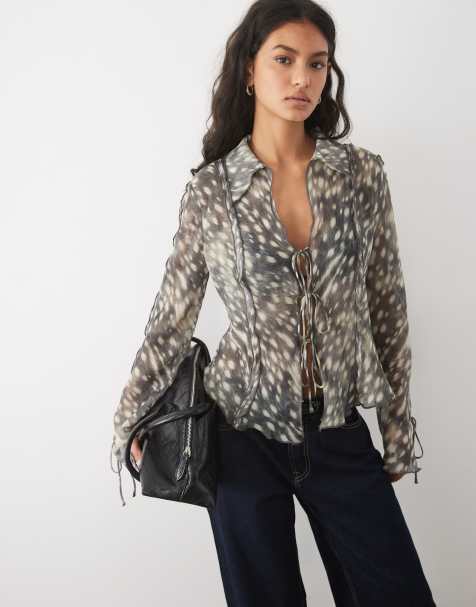 Mango camicia a maniche lunghe con volant in stampa leopardata grigia - view 1
