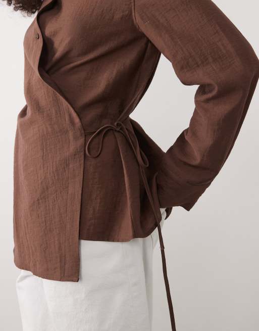 Mango - Camicia a maniche lunghe in misto lino marrone con allacciatura laterale, 4 di 4