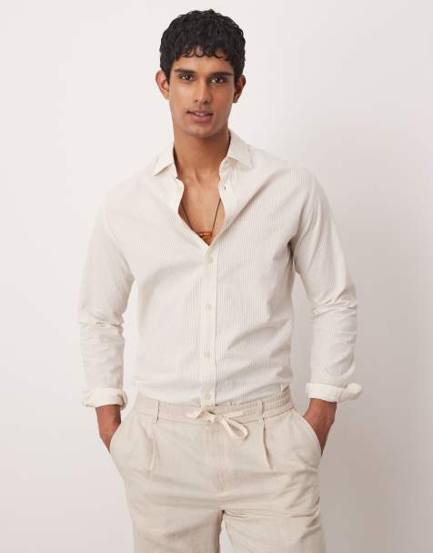 Mango - Camicia a maniche lunghe in seersucker beige e bianco a righe - view 1