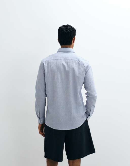 Mango - Camicia a maniche lunghe in tessuto seersucker a righe color blu medio, 5 di 5