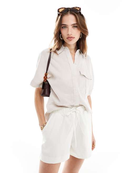 Mango - Camicia beige in lino a maniche corte