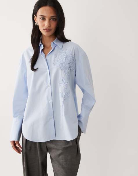 Mango - Camicia classica in misto cotone blu pallido con ricamo - view 1