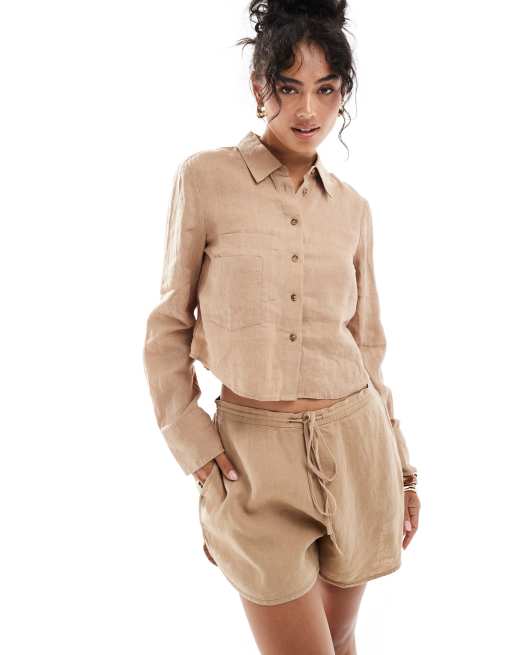 Mango Camicia comoda in lino color cuoio in coordinato ASOS