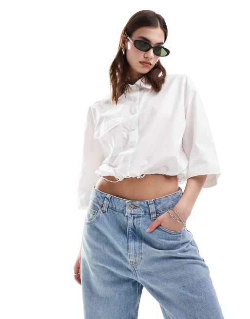 Mango - Camicia corta a maniche corte bianca con coulisse