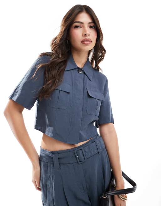 Mango - Camicia corta blu allacciata sul retro in coordinato