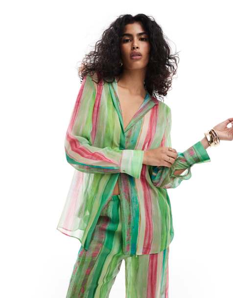 Mango - Camicia da mare a righe verdi e rosa in coordinato - view 1