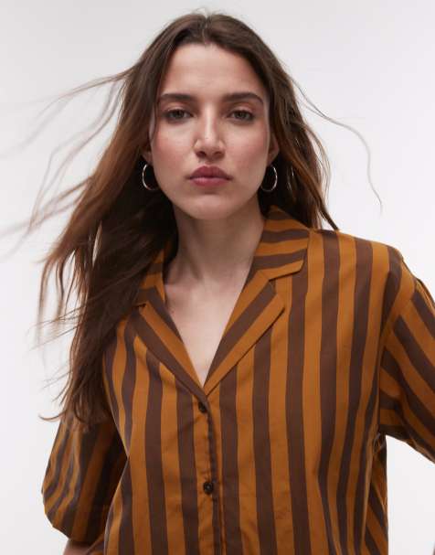 Mango - Camicia del pigiama in cotone marrone a righe tono su tono in coordinato - view 1