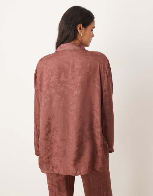 Mango - Camicia del pigiama in raso marrone con motivo in jacquard in coordinato, 2 di 4