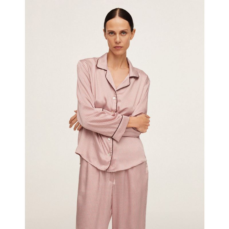 Coordinati Donna Mango - Camicia del pigiama in raso rosa con stampa a fantasia rétro in coordinato