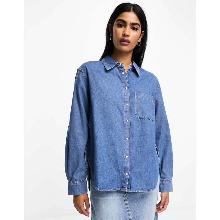 Feziakuk Camicia Di Jeans Da Donna Con Bottoni, Blusa Di Jeans A Maniche Lunghe, Morbida Camicia Di Denim Casual, Giacca Di Jeans Primavera Autunno, Top Con Tasche Sul Petto, Azzurro, S