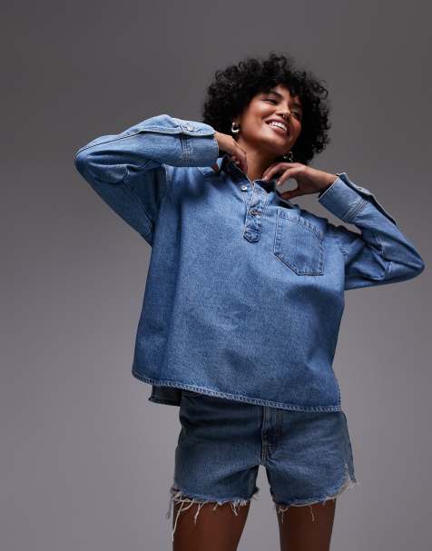 Mango - Camicia giacca di jeans blu con colletto aperto - view 1