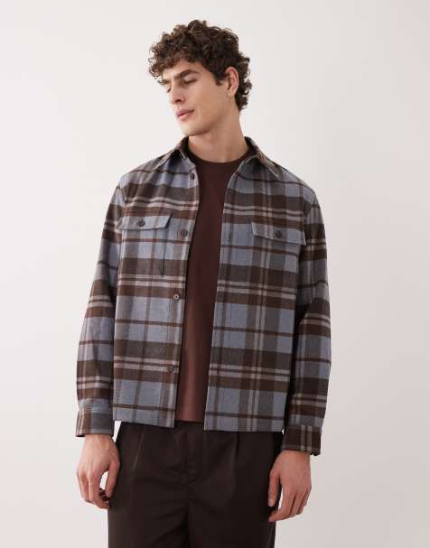 Mango - Camicia giacca in misto lana blu e marrone a quadri - view 1