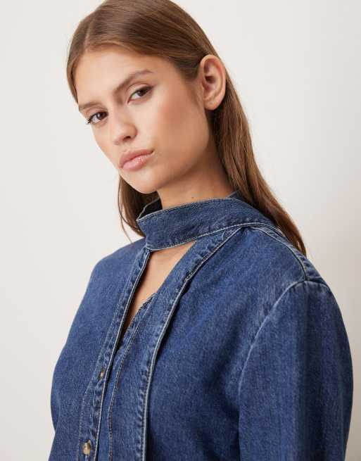 Mango - Camicia In Denim Blu Medio 100% Cotone - Foto 11