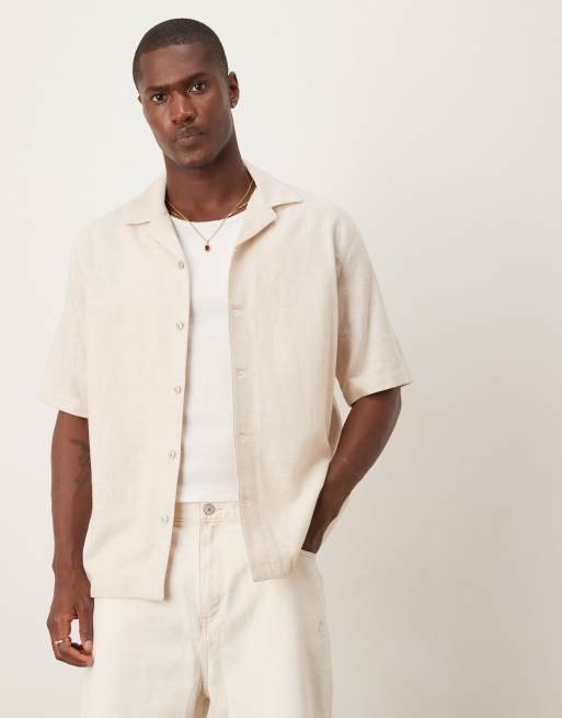 Mango - Camicia in misto lino écru testurizzata con colletto a rever