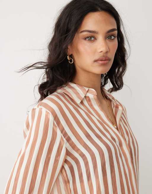 Mango - Camicia oversize trasparente a righe marroni e bianche, 4 di 4