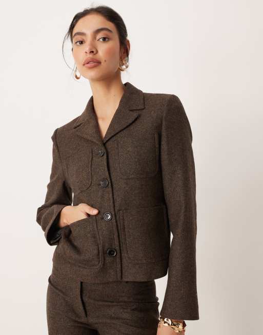 Mango - Camila - Blazer taglio corto in misto lana color cioccolato in coordinato