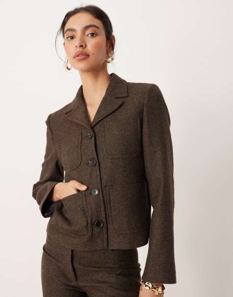 Mango Camila wool mix short blazer co-ord in chocolate