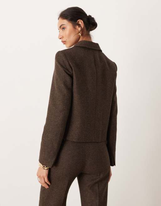 Mango Camila wool mix short blazer co-ord in chocolate, 3 of 4
