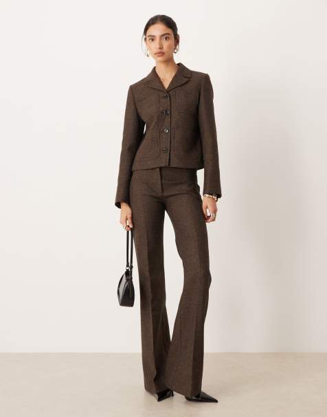 Mango Camila wool mix short blazer & flare trouser co-ord in chocolate - view 1
