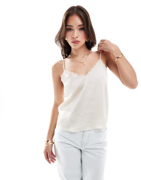 Mango – Camisole aus Satin in Weiß mit Spitzenborte - view 1