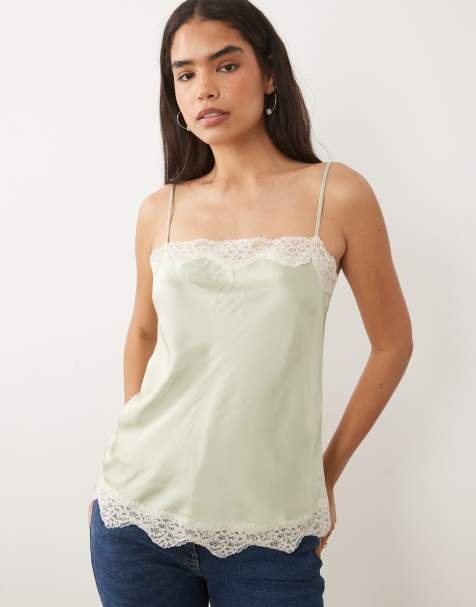 Mango – Camisole-Oberteil aus Satin und Spitze in Pastellgrün - view 1