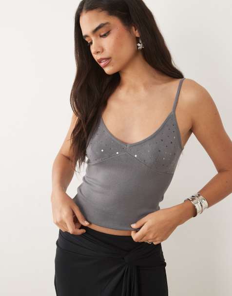 Mango – Camisole-Oberteil in Grau mit Riemchenträgern und Paillettenbesatz - view 1