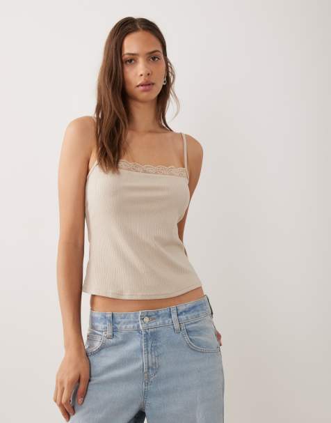 Mango camitop met kanten rand in beige - view 1