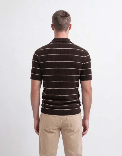 Mango camp collar short sleeve polo top in brown, 6 of 9