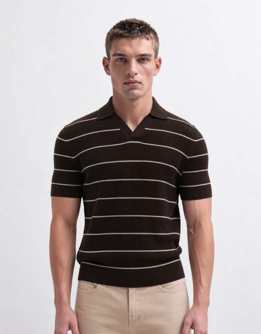 Mango camp collar short sleeve polo top in brown, 8 of 9