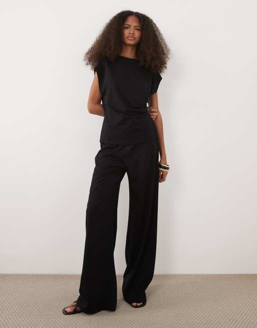 Mango Candelo cap sleeve nipped waist top co-ord in black, 4 of 4