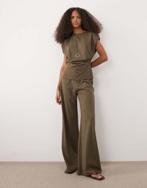 Mango Candelo cap sleeve nipped waist top co-ord in khaki - view 1