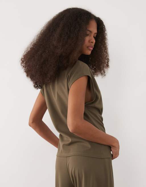 Mango Candelo cap sleeve nipped waist top co-ord in khaki, 4 of 4