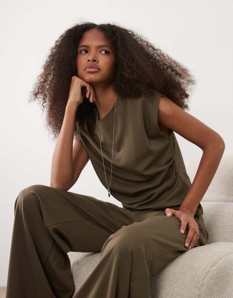 Mango Candelo cap sleeve nipped waist top & trouser co-ord in khaki - view 1
