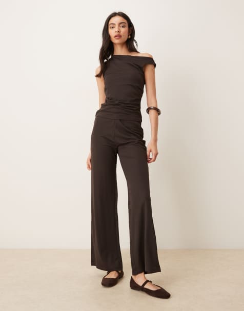 Mango Canela asymmetric sleeveless top and trouser co-ord in chocolate brown - view 1