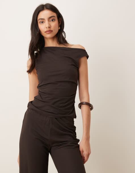 Mango Canela asymmetric sleeveless top co-ord in chocolate - view 1