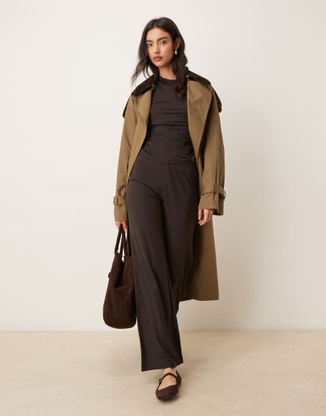 Mango – Canela – Chokladbruna byxor i jersey, del av set - view 1