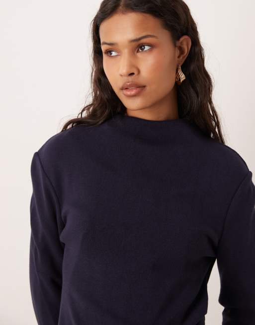 Mango - Canela - Top a maniche lunghe arricciato sul lato blu navy chiaro in coordinato, 3 di 4