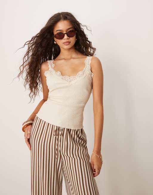 Mango - Canotta beige con spalline larghe e finiture in pizzo