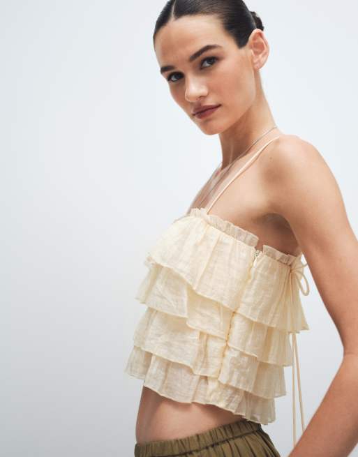 Mango - Canottiera a balze in tessuto stropicciato beige, 2 di 11