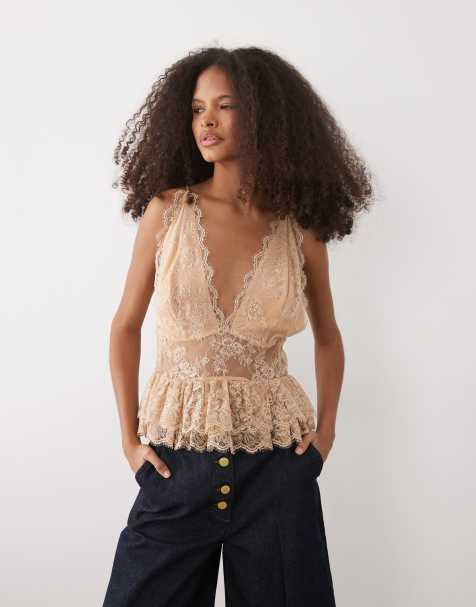 Mango - Canottiera premium a balze in pizzo beige - view 1